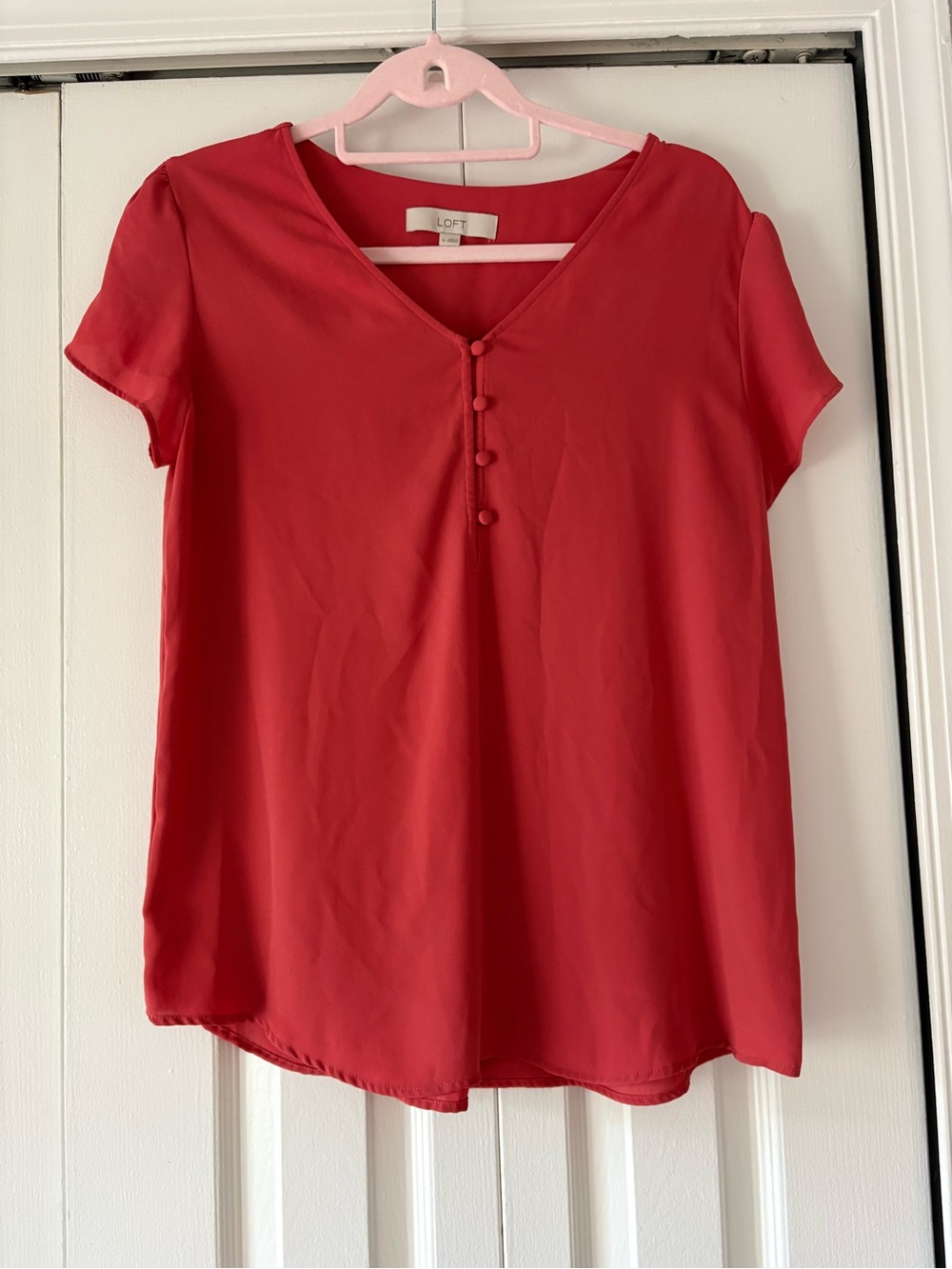 LOFT Coral-Red V-Neck Short Sleeve Blouse with Covered Buttons